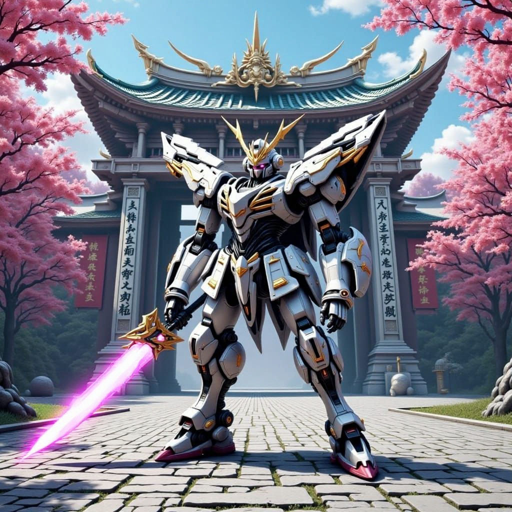 Futuristic Samurai Gundam at Dojo with Cherry Blossoms