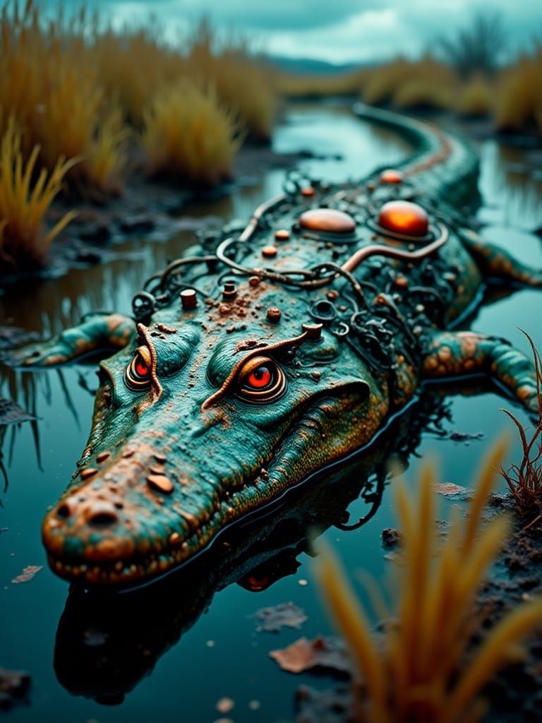 Mechanical Crocodile in Biopunk Swamp