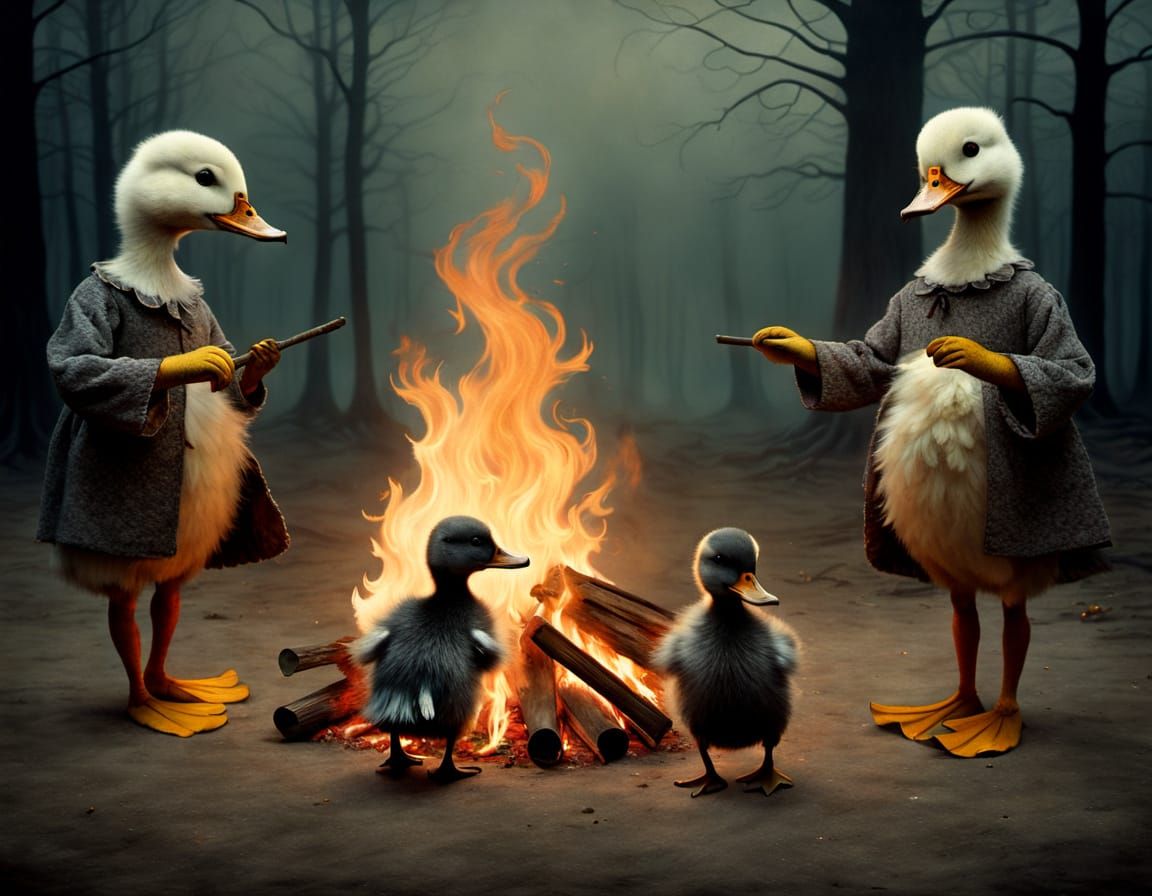 Duckling Ritual: A Spooky Dance in Surreal Style