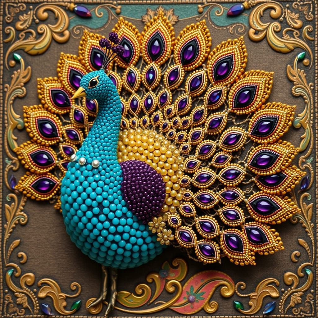 Beaded Peacock with Gem Adornments in Art Nouveau Style