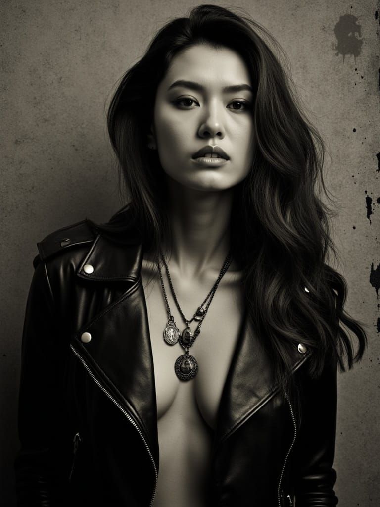 Dark Edgy Portrait of a Young Woman with Leather Jacket