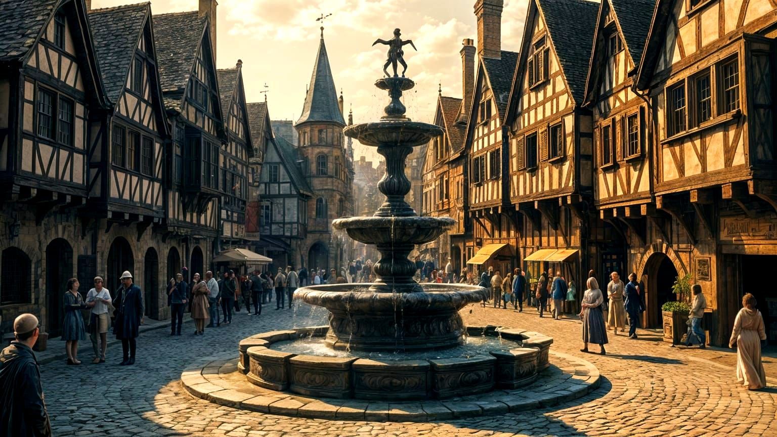 Medieval Bronze Fountain in a Bustling Village Scene