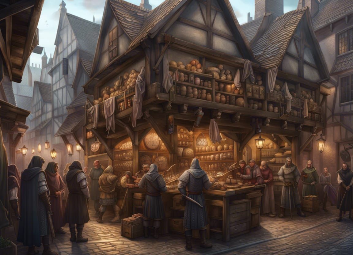Crowded Medieval Street with Weapon Store
