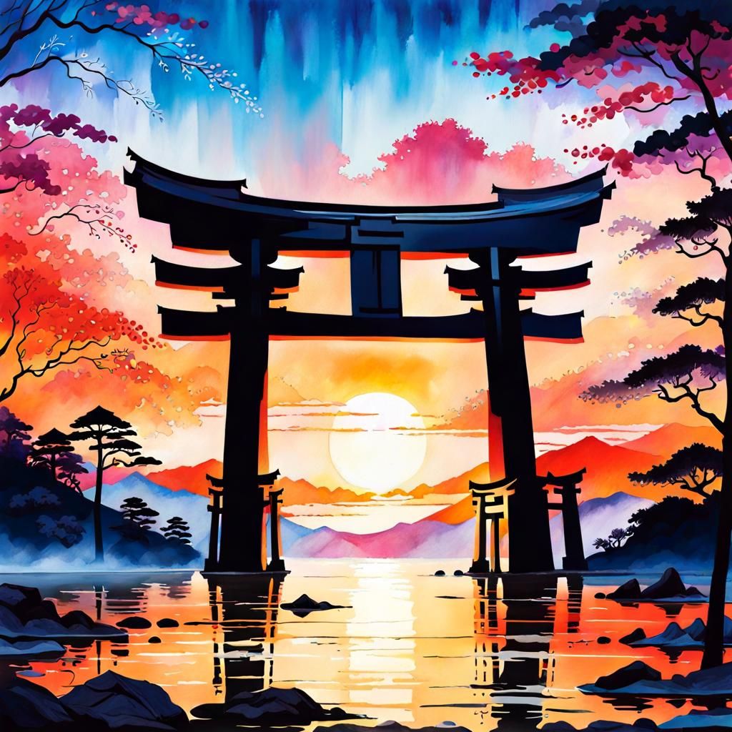 Winter Sunset over a torii gate