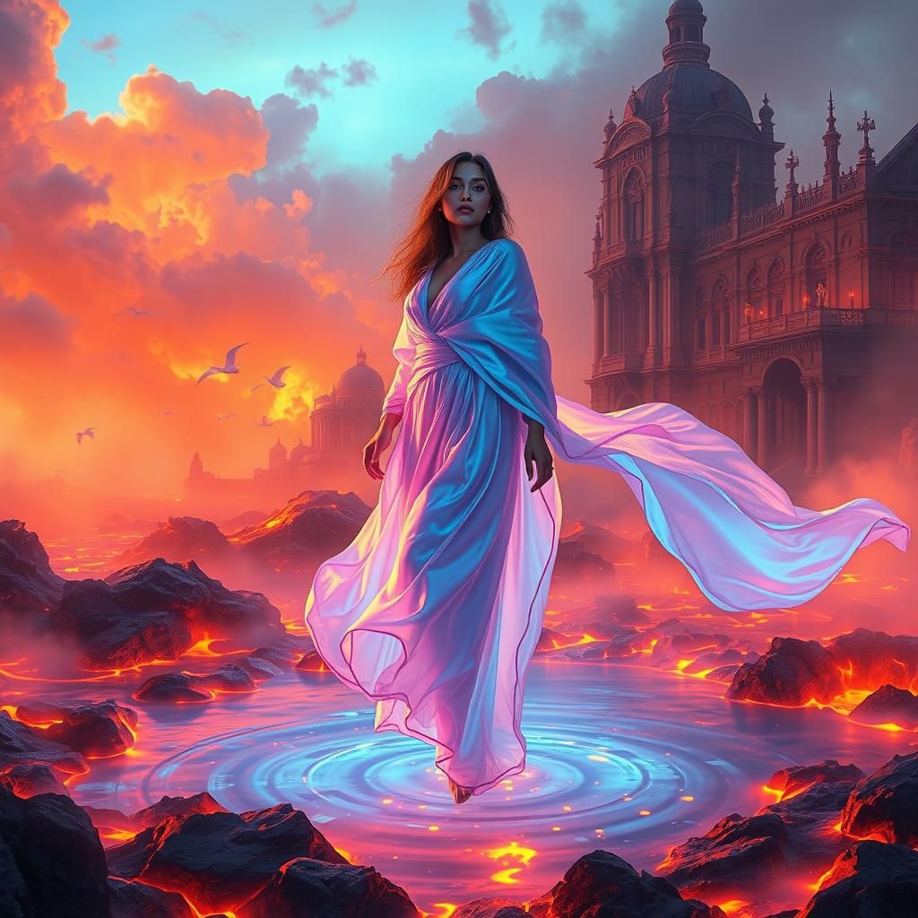 Ethereal Woman Above Lava Lake, Fantasy Matte Painting