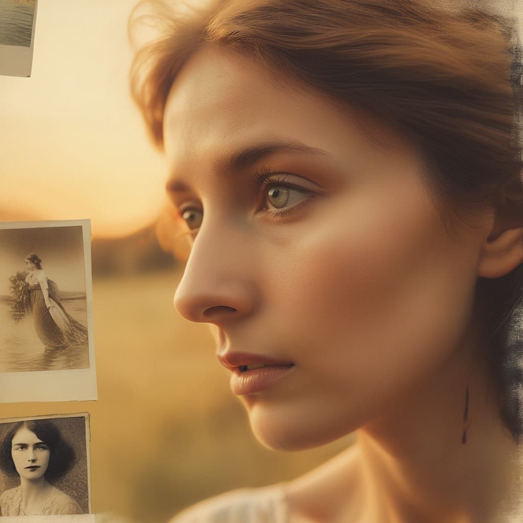 Nostalgic Woman Gazing at Old Photos in Surrealism