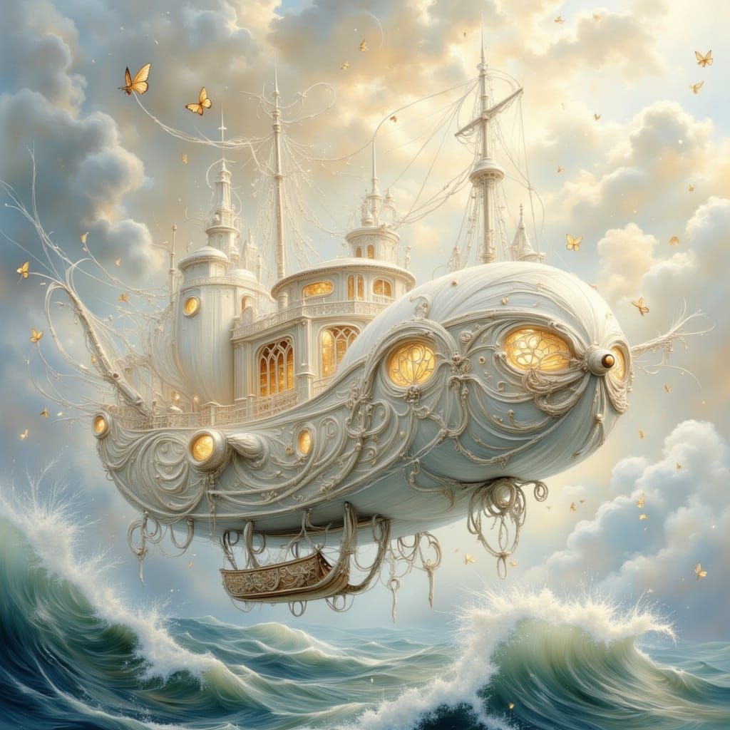 Enchanted Airship Soaring Through Cloud Waves