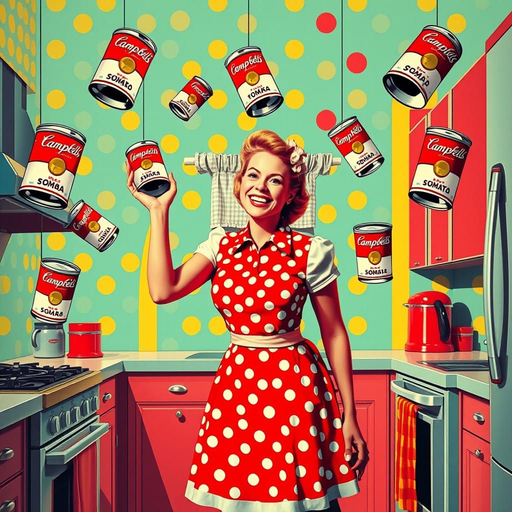 Vibrant Pop Art Kitchen Scene with Flying Soup Cans and Chee...