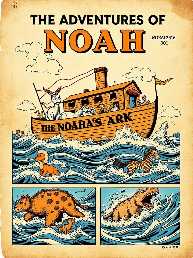 Vintage-Style Comic Book Page Depicting Epic Noah's Ark Adve...
