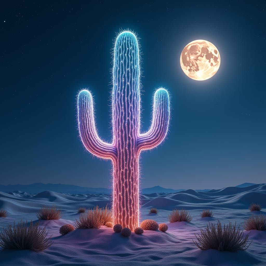 Iridescent Cactus Under Moonlight in Dreamlike Desert