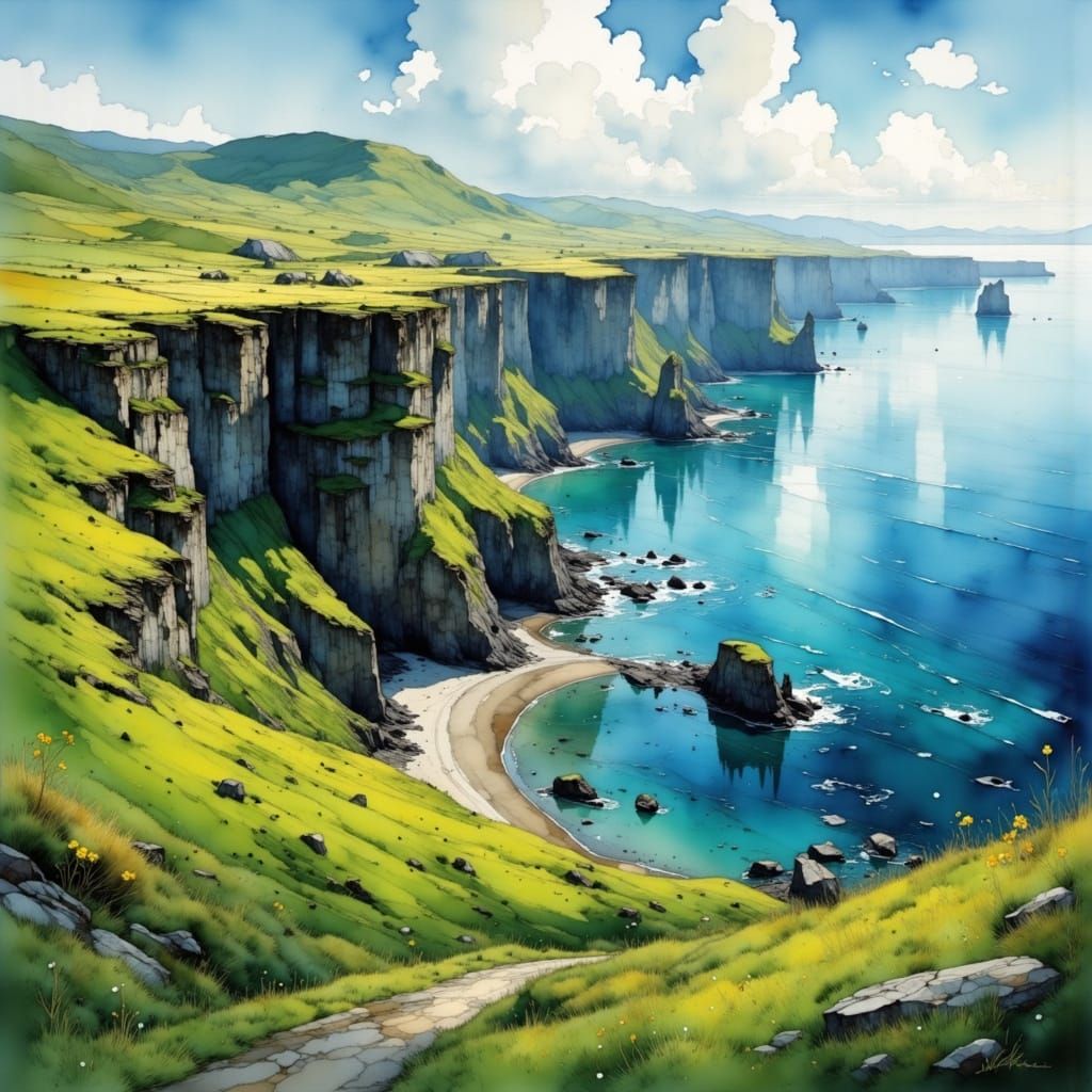 Vibrant Highland Coastline in Painterly Style