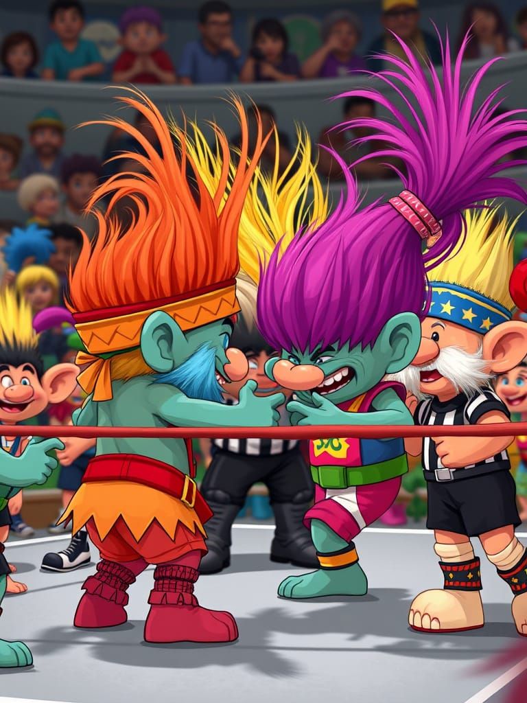 Trolls Wrestling Match in Cartoon Style