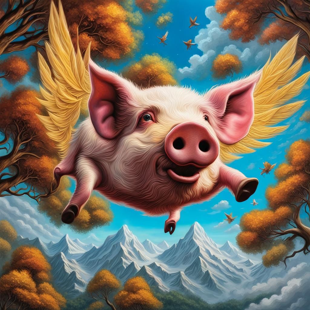 When Pigs Fly : Bob Ross / Optical Illusion : mixed media (Oils + Vitreous Enamel + Acrylic + Digital Art + Unfamiliar M...