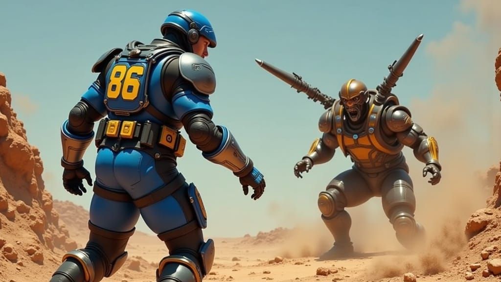 Vault Dweller vs Deathclaw in Dystopian Landscape