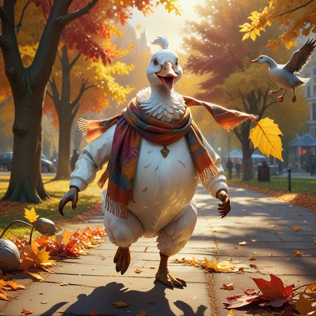 Anthropomorphic Teapot Flees Angry Goose in Autumn City Park