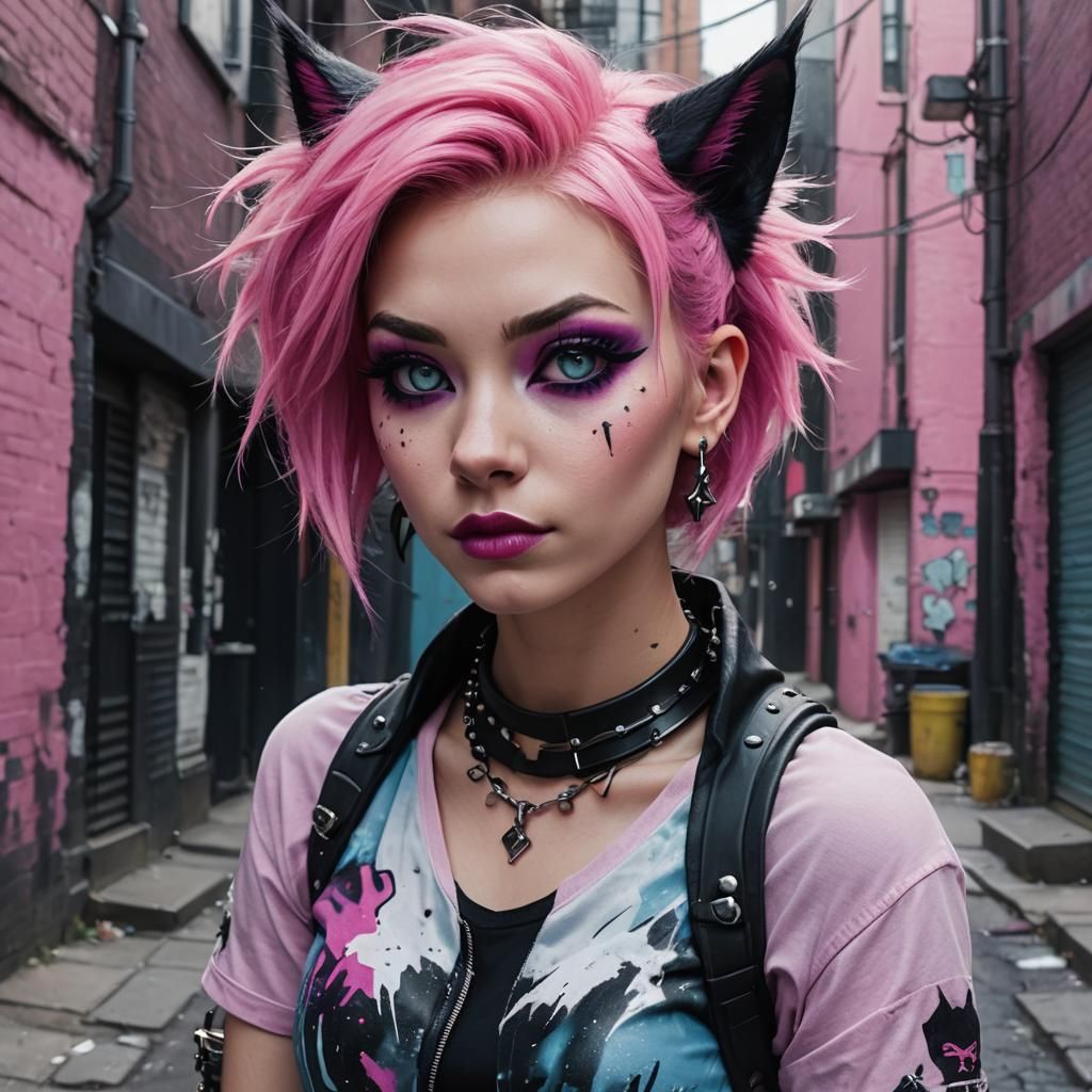 Punk Anthro Cat in Vibrant Alleyway Concept Art
