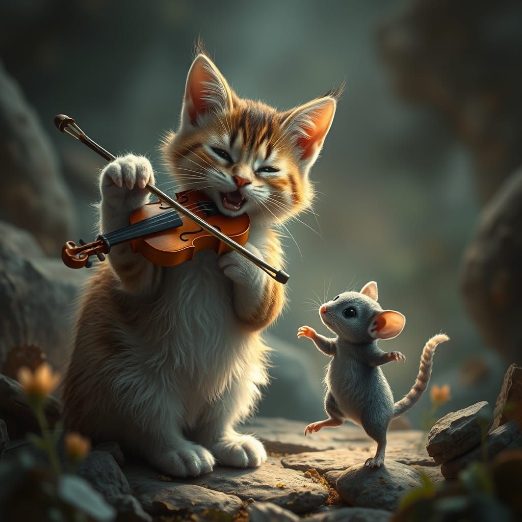 Feline Maestro and Mousy Dancer in Epic Cinematic Scene