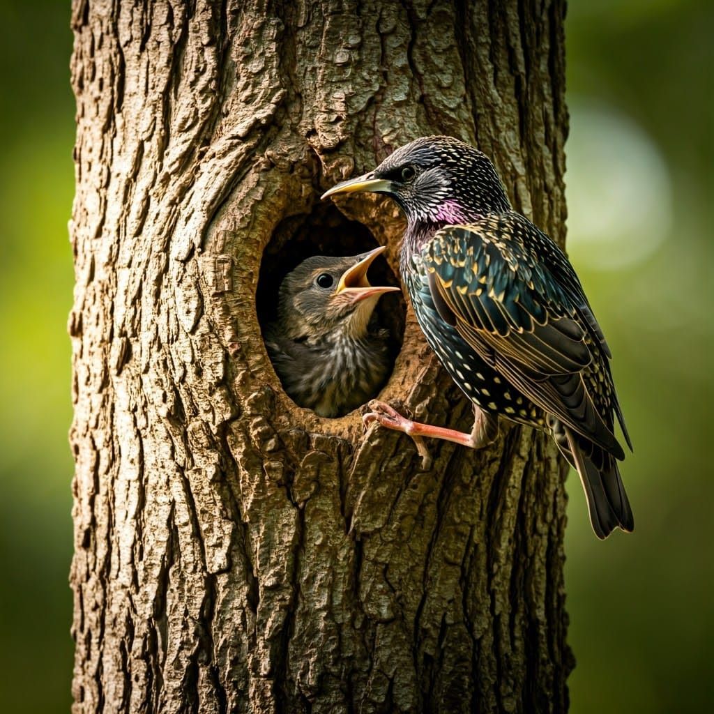 Starling Feeds Chick in Oak Tree Hollow