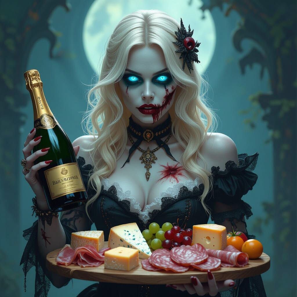 Elegant Zombie Woman with Charcuterie and Champagne
