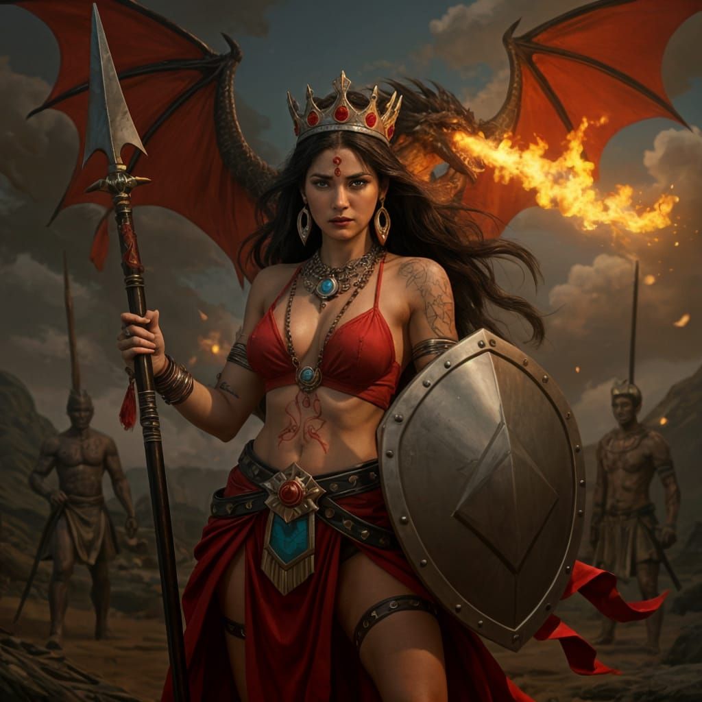 Tribal Woman Warrior with Dragon Tattoo and Spear