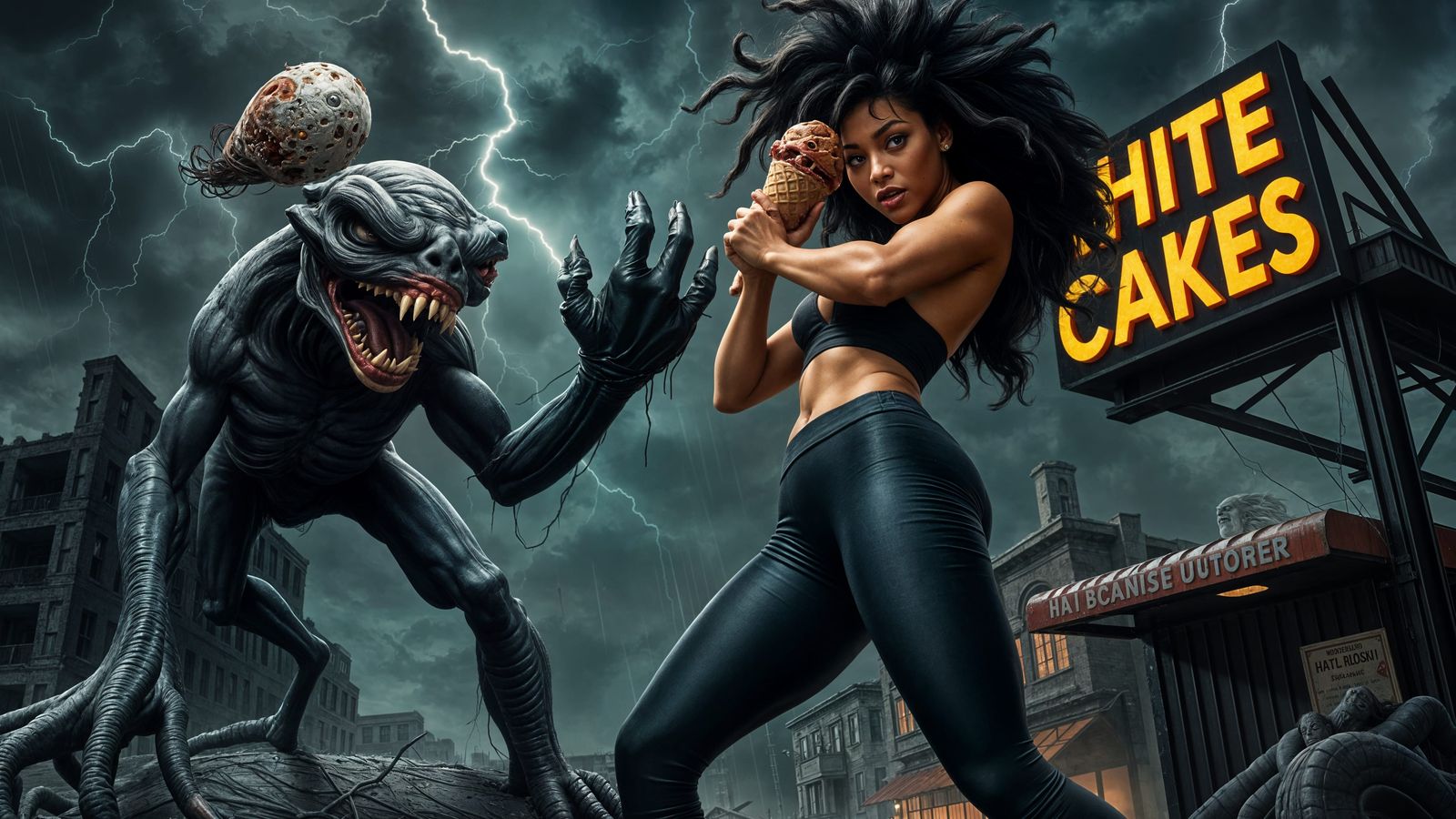 Woman Battles Mutant Creature in Ruined Cityscape