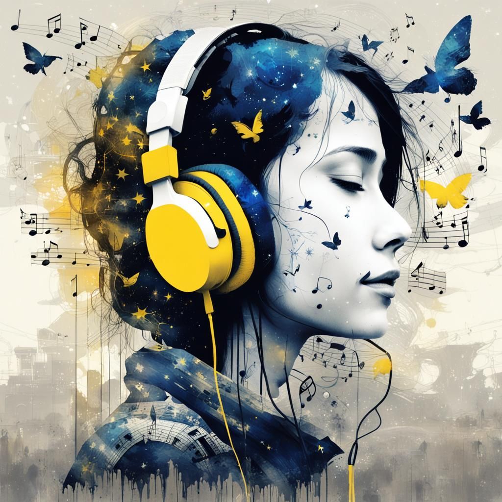 Music Galaxy: Girl with Headphones in Double Exposure