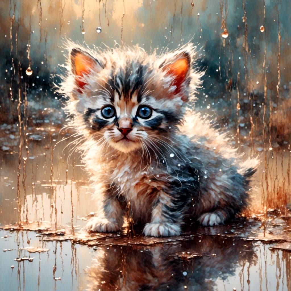 Sad Kitten in Rain with Sunbeam, Watercolour Painting