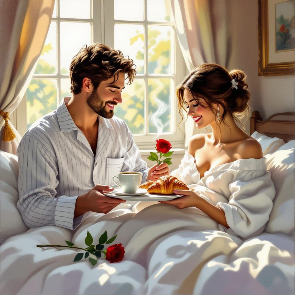 Romantic Breakfast In Bed Oil Painting Scene