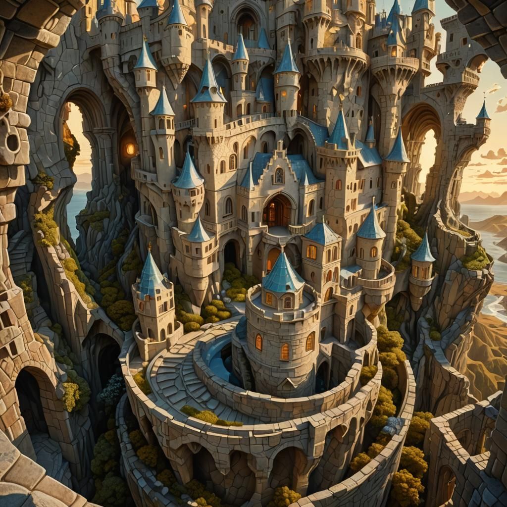 Surreal Stone Castle with Fractal Geometry in Dreamscape