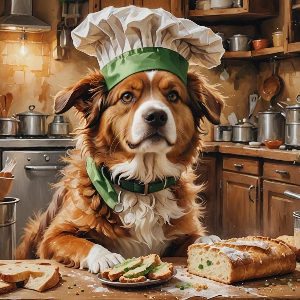 Fluffy Dog Chef Enjoying Bread