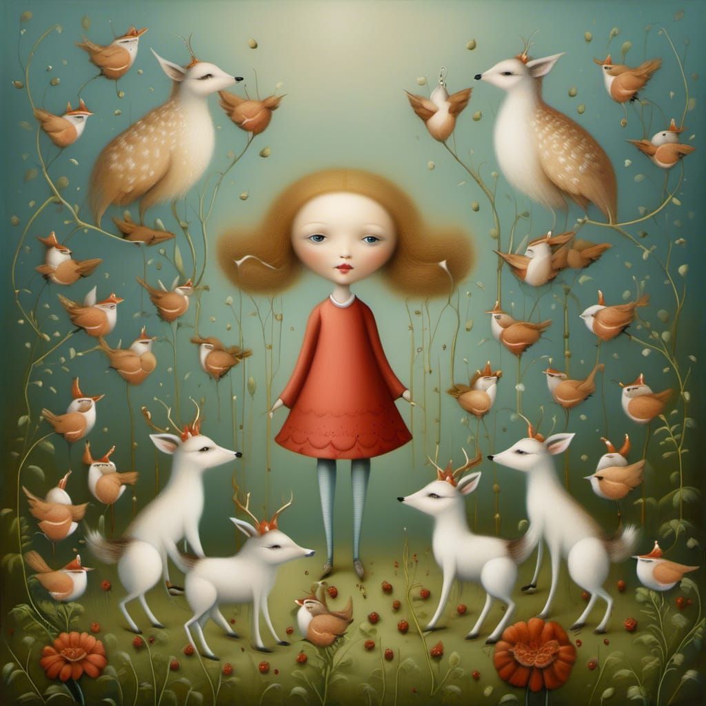 Whimsical Surreal Winter Illustration with Doll Character