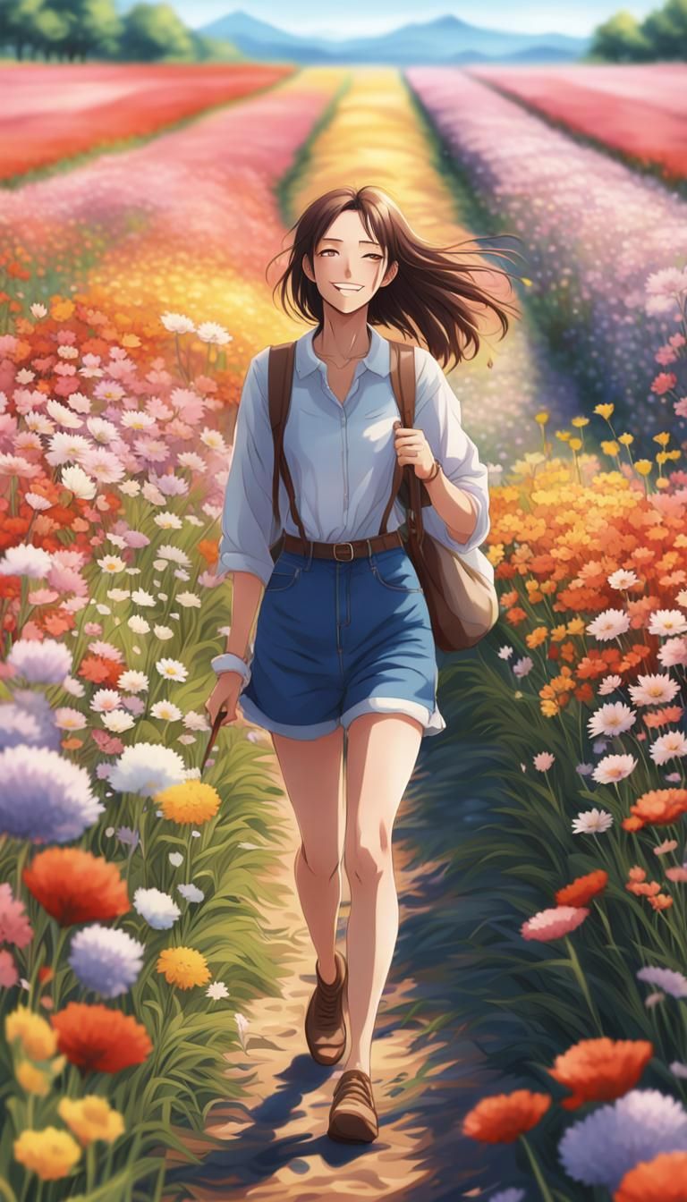Anime-Style Young Woman in Flower Field