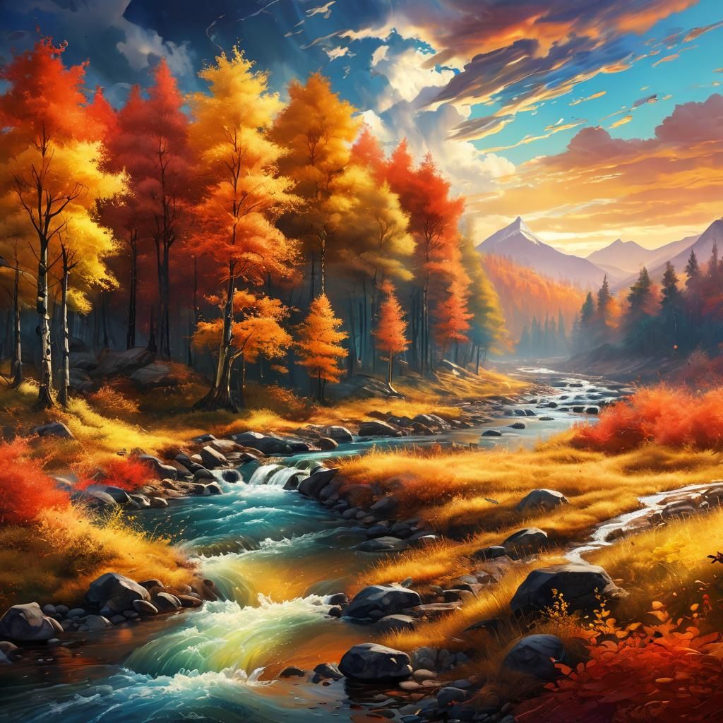 Mountain River in Autumn Forest, Digital Impasto Painting