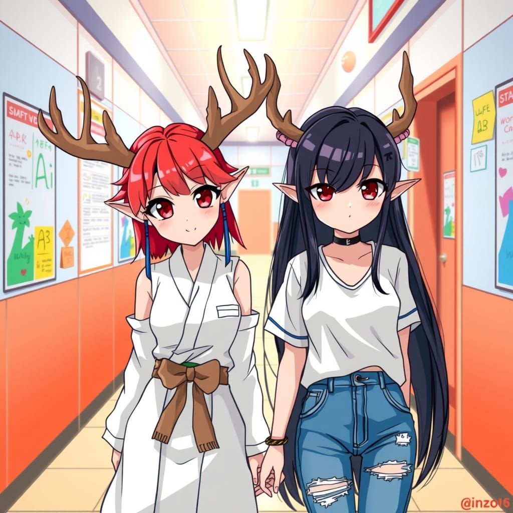 Elf Girls with Antlers in Anime Cartoon Style