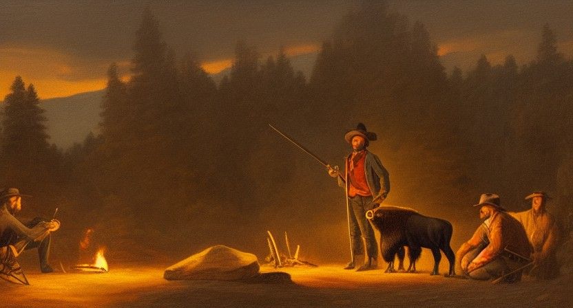Frontiersman and Bison at Campfire: Golden Hour