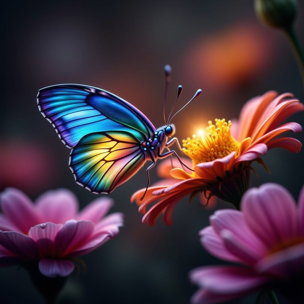 Surreal Iridescent Butterfly on a Flower in Quantum Fluxus S...