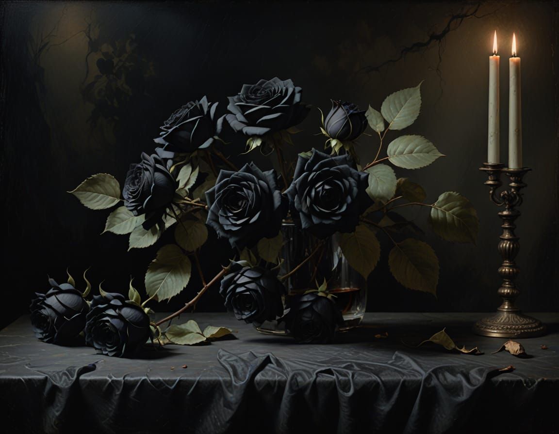 Mysterious Black Roses on Worn Marble in a Dark Academia Oil...