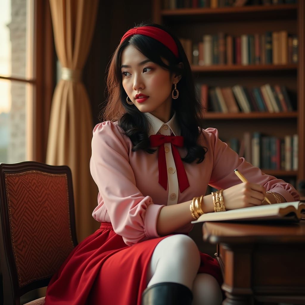 Korean Author Researches in Elegant Library at Sunset