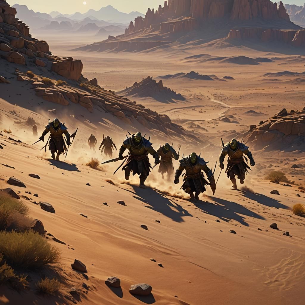 Orcs Chase Travelers on Desert Plateau