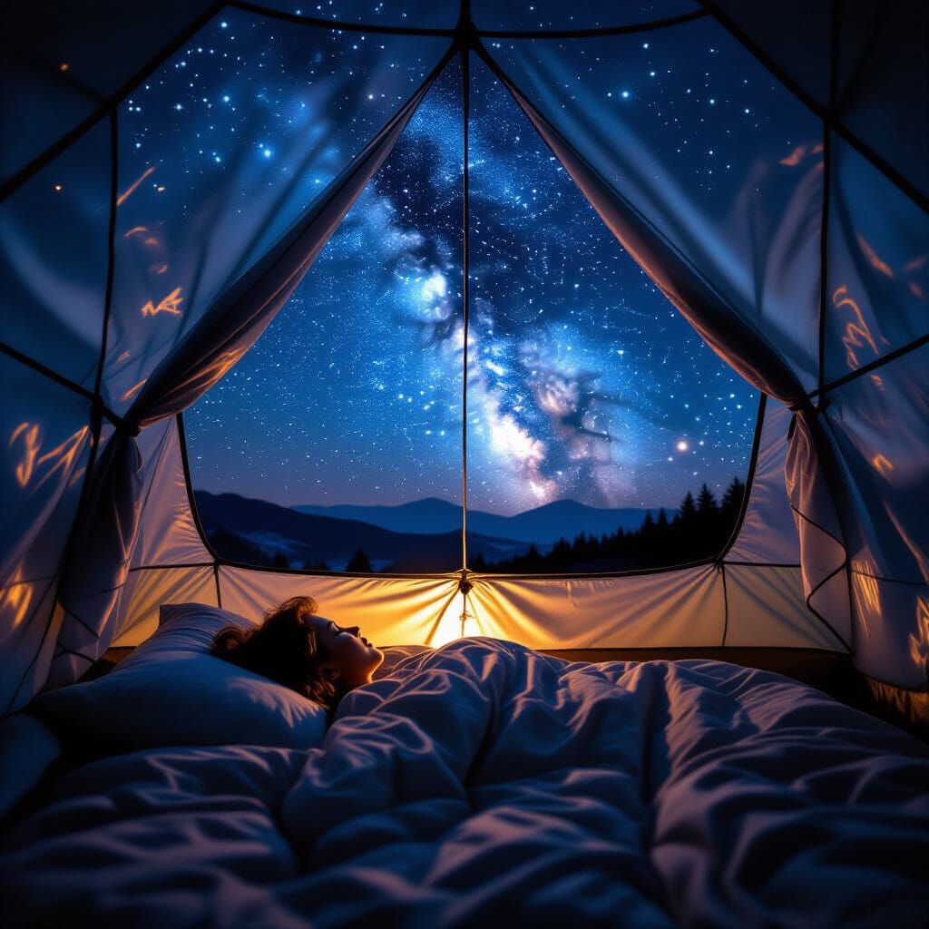 Dreamy Starry Night Sky Reflected in Tent