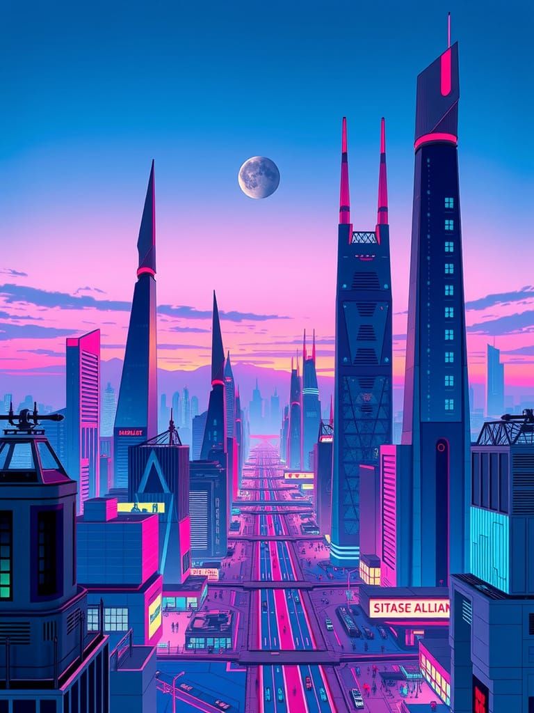 Futuristic Cityscape in Vibrant Anaglyph Effect
