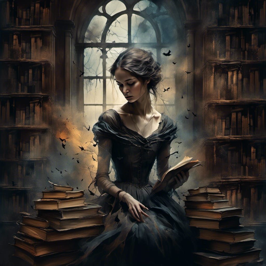 Gothic Surrealism: Woman in Eerie Library
