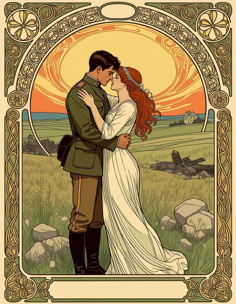 Embrace in Ruins: Art Nouveau War Scene