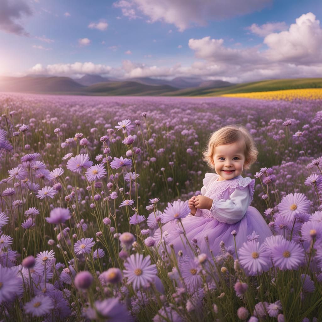 Toddler in Pastel Purple Flower Field