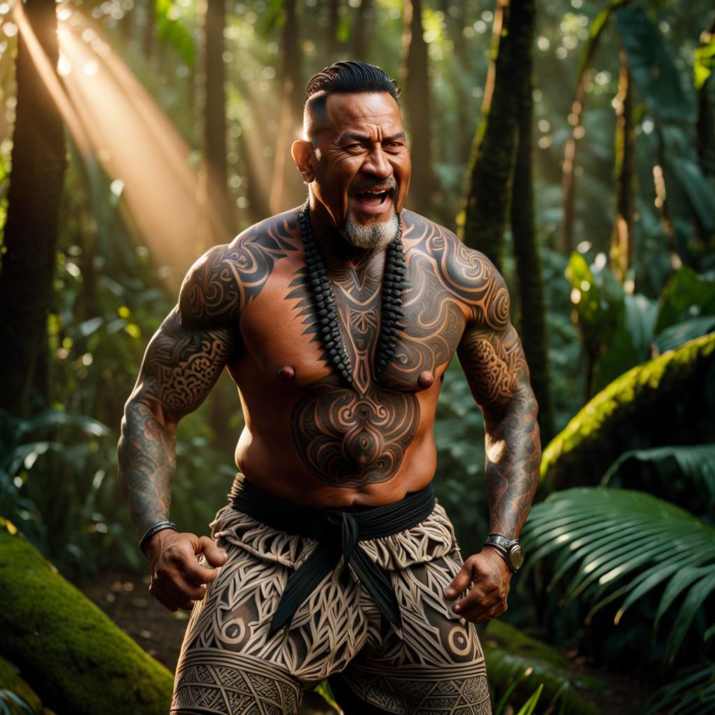 Proud Maori Man Performing Haka in Tropical Forest