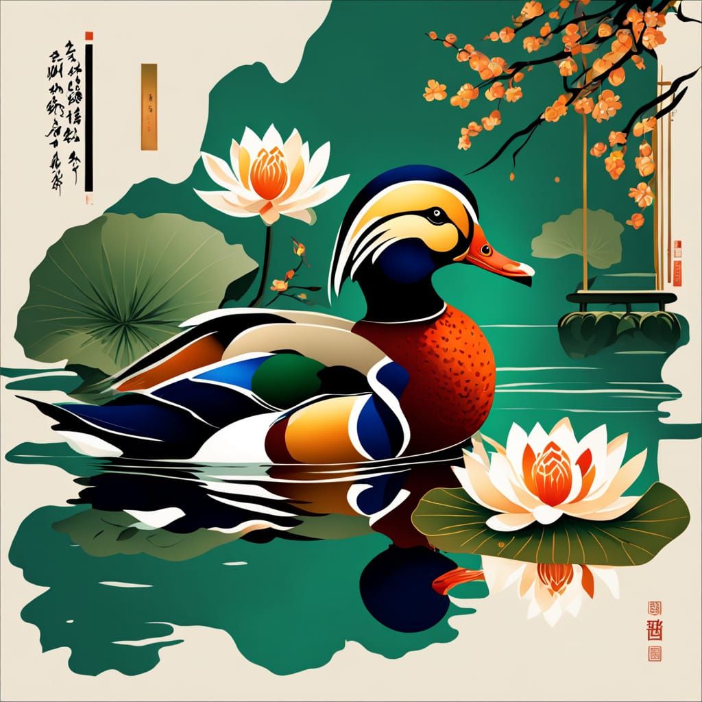 Majestic Mandarin Duck in Traditional Chinese Garden