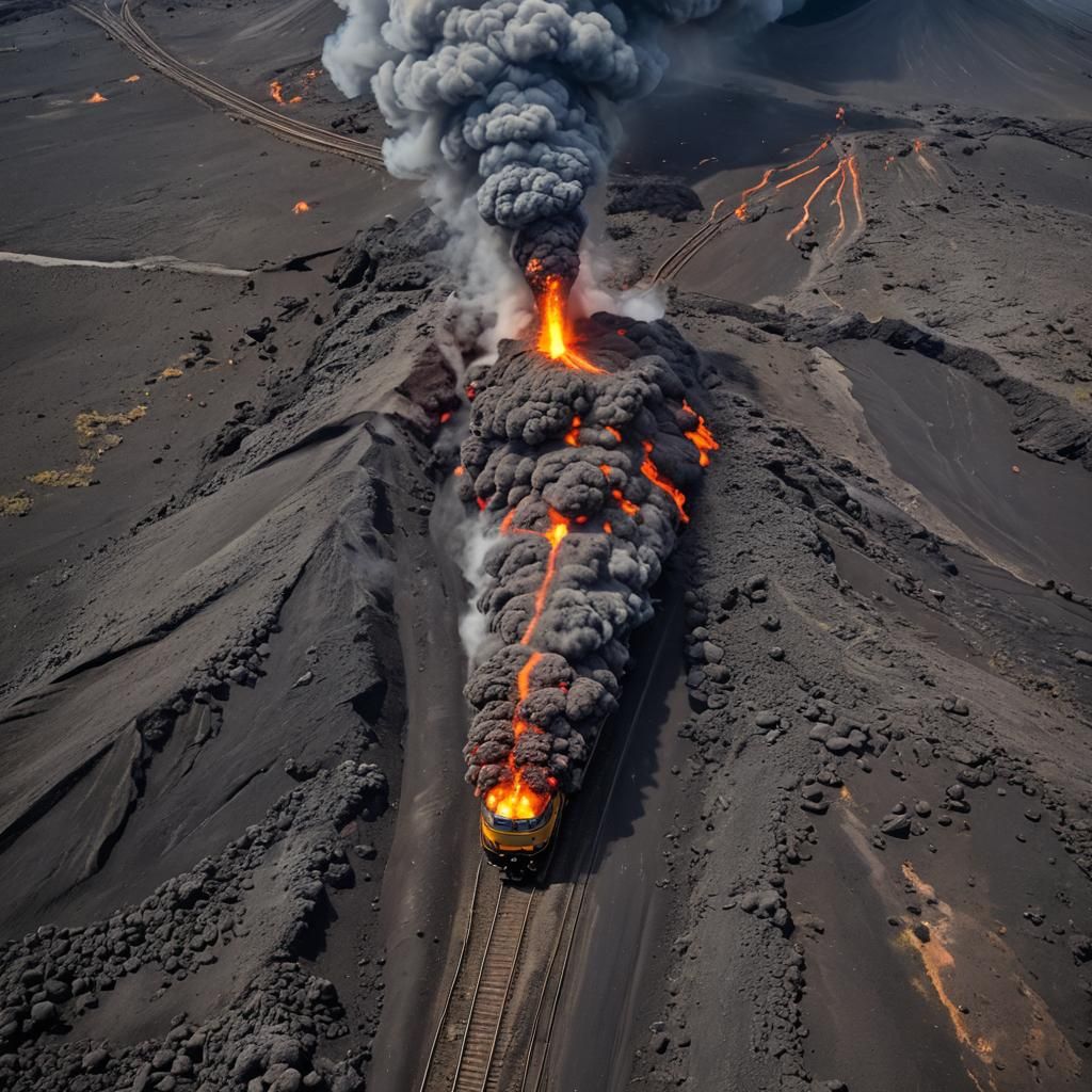 Erupting Volcano Train: AI Generated Image