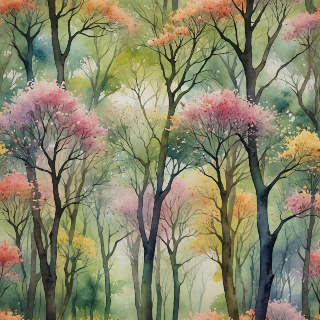Abstract Watercolor Flower Trees Landscape Painting