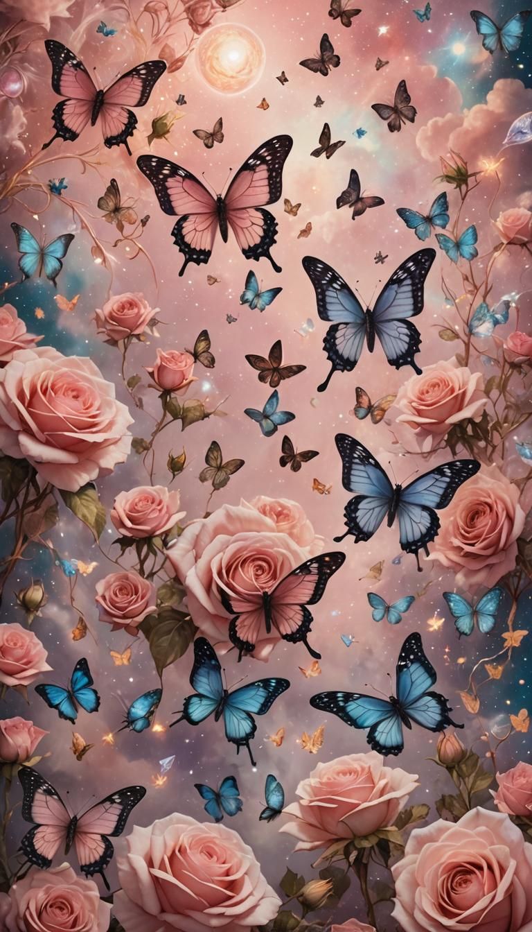 Cosmic Butterflies and Roses: Astral Illustration