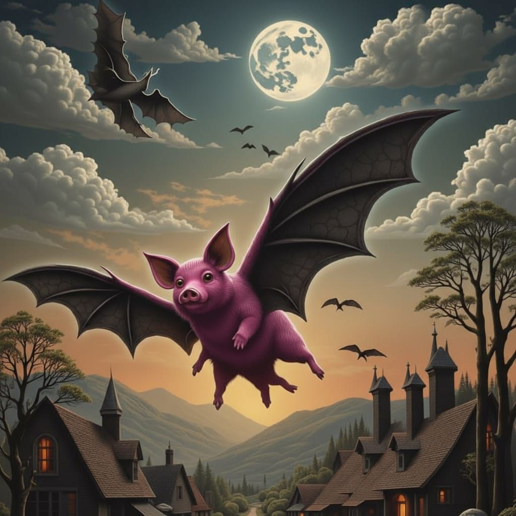 Clay Flying Pig with Bat Wings Above Village